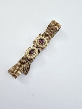 Vintage 1950s Gold Tone Mesh Slide Bracelet Purple Glass Pearl Accent